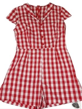 Red and White Gingham Shorts Romper Retro Stage Capped Sleeves XXL